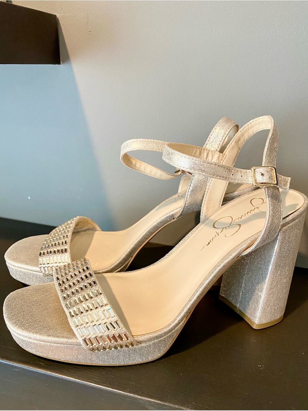 Jessica Simpson Champagne Glitter Block Platform Heel Sandals Shoes Prom